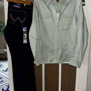 New Wrangler Riding Aura Green Button-Up Shirt Large & Denim Jeans 11